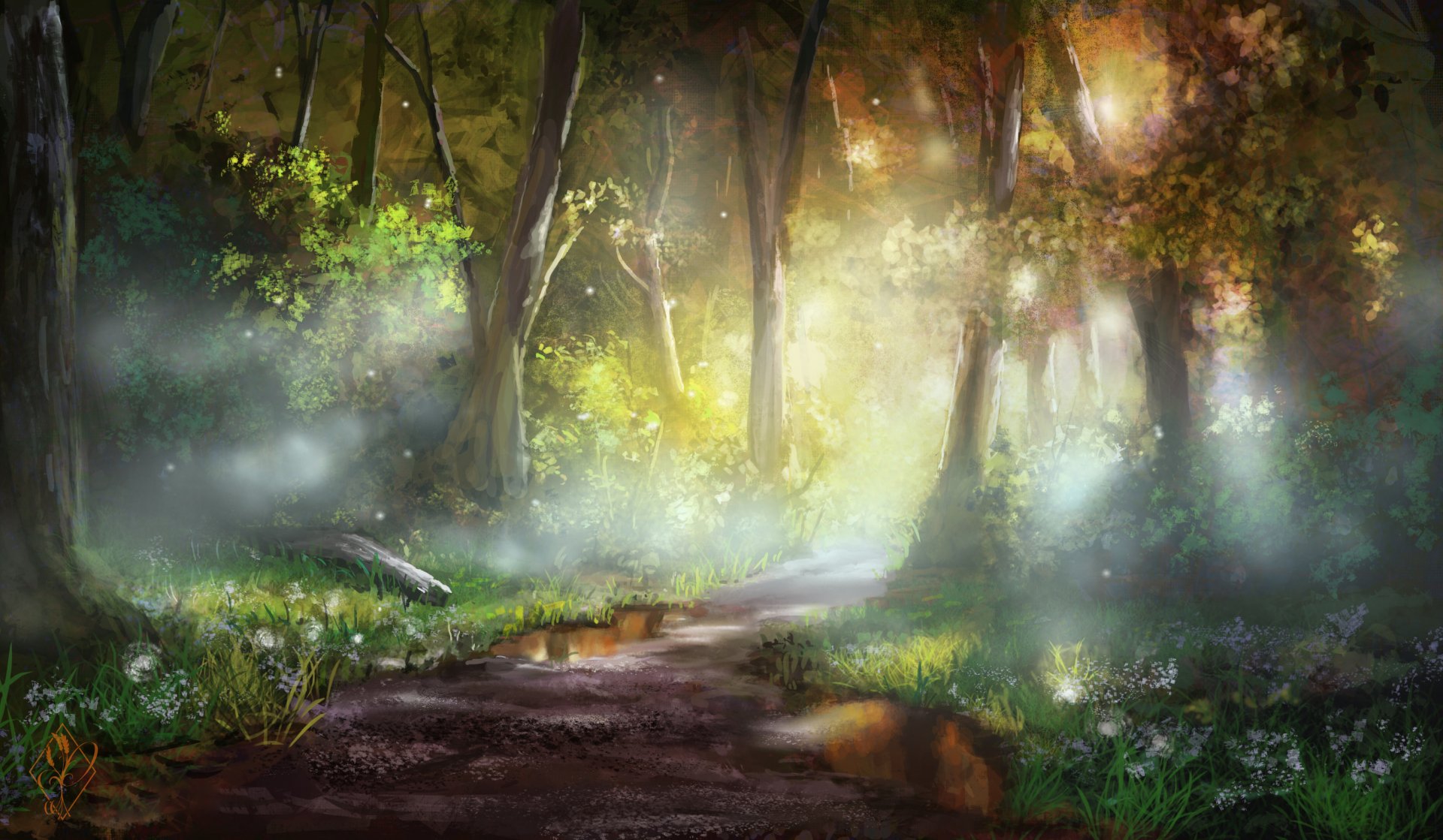 HD desktop wallpaper of a serene forest path illuminated by sunbeams breaking through trees, blending nature with artistic light and shadow effects.