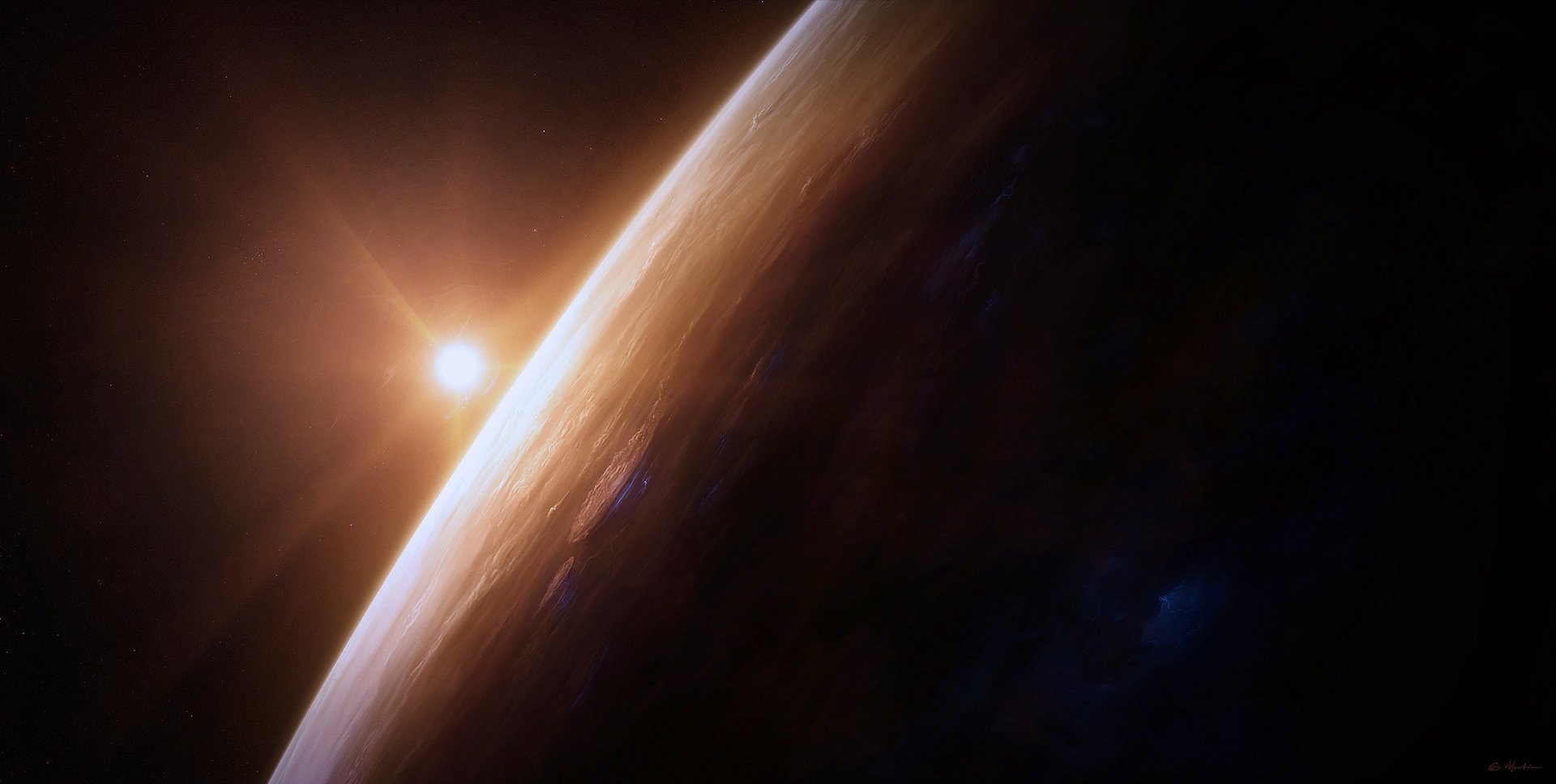 HD desktop wallpaper depicting a sci-fi sunrise over a planet's horizon with glowing sunlight casting warm light against the dark space background.