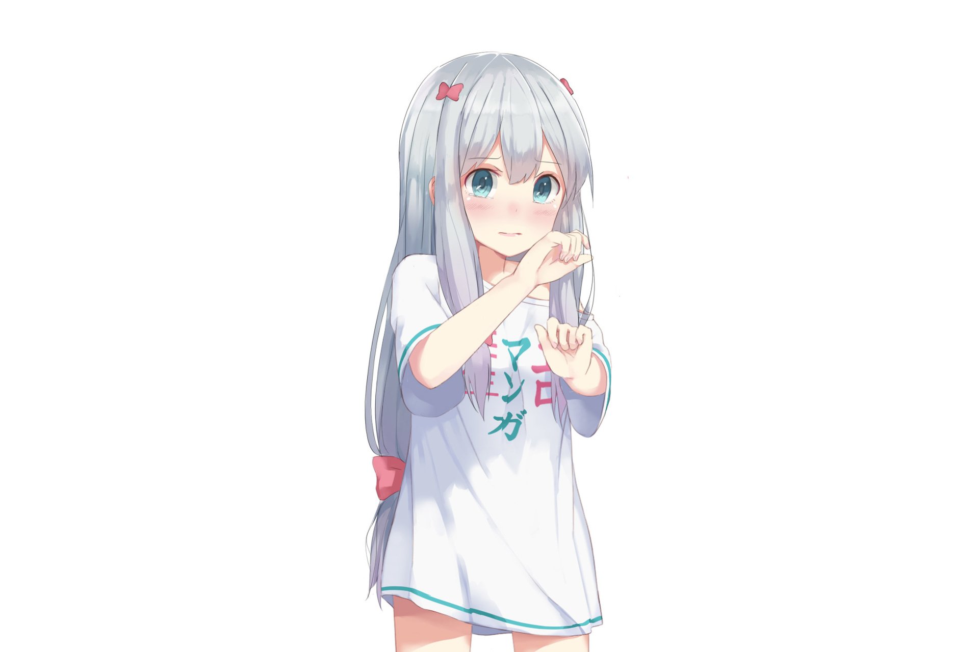 HD PC desktop wallpaper featuring Sagiri Izumi from the anime EroManga-Sensei, depicted with long silver hair and a casual white shirt.
