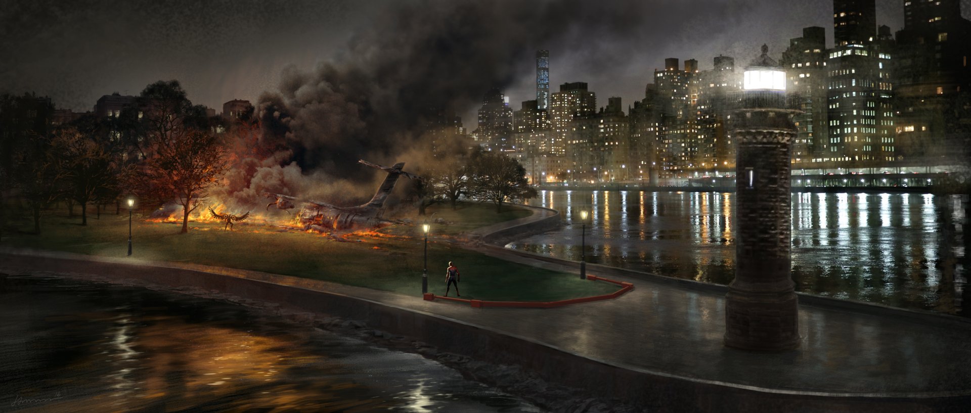 HD desktop wallpaper featuring a scene from Spider-Man: Homecoming. The image shows Spider-Man facing chaos in a city park after a crash, with Vulture's presence implied amidst the smoky, nighttime cityscape.