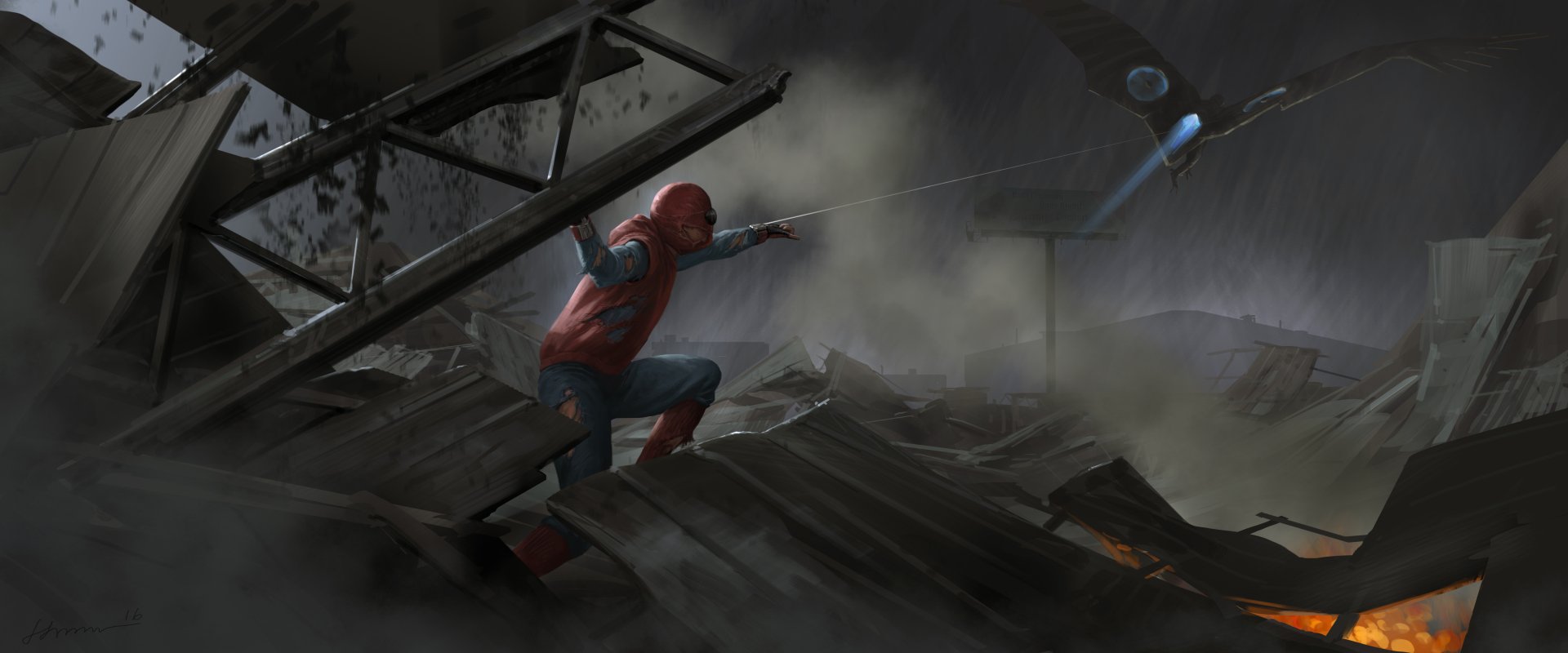 HD desktop wallpaper featuring Spider-Man in a battle scene from Spider-Man: Homecoming against Vulture (Marvel Comics), set in a foggy, rain-soaked environment with damaged structures.