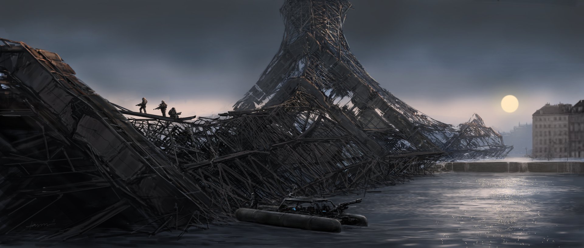 4K Ultra HD PC desktop wallpaper: ruined Eiffel Tower rising from floodwaters, soldiers on a rickety walkway and a dinghy below, cinematic Edge of Tomorrow movie mood.