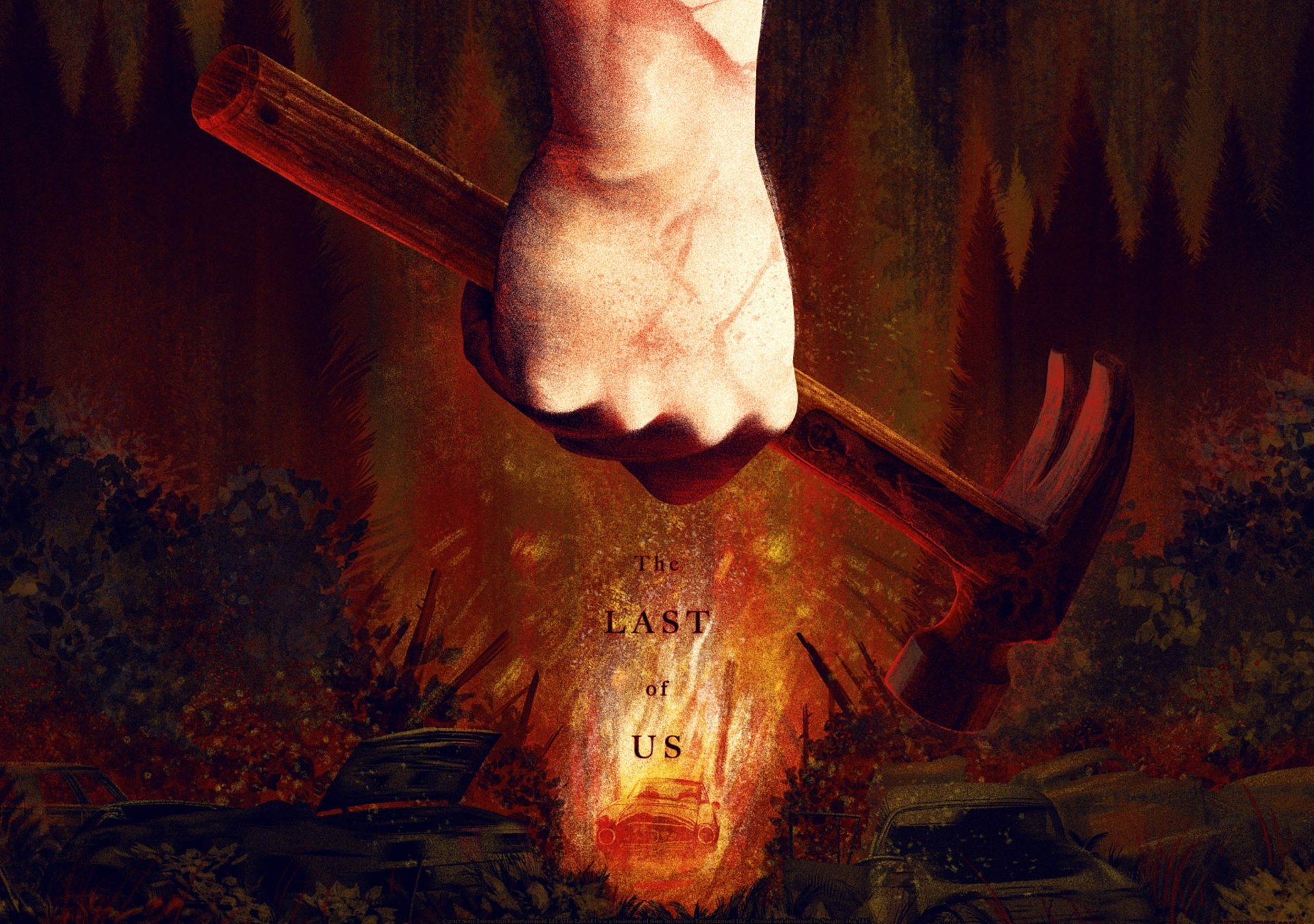 HD PC desktop wallpaper featuring a gripping scene from the video game The Last of Us Part II, showcasing a clenched hand holding a hammer over an intense, fiery background.
