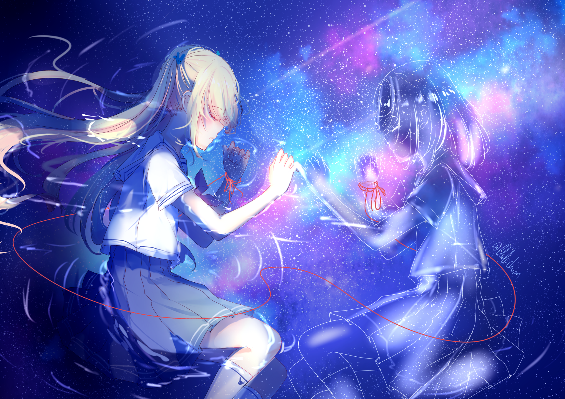 An HD anime-style wallpaper depicting a schoolgirl in uniform lying down, with a spirit-like reflection over water, surrounded by stars and cosmic light.