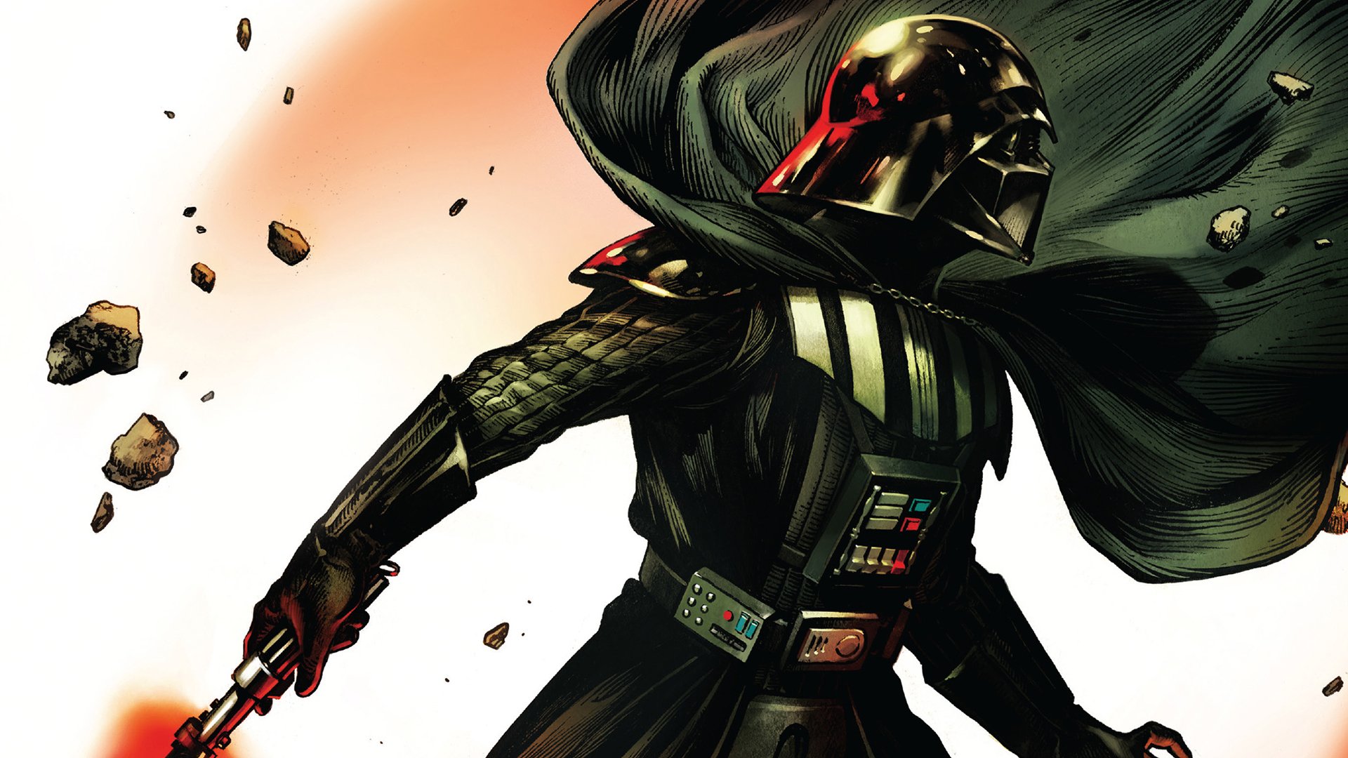 HD PC desktop wallpaper featuring Darth Vader, the iconic Sith from Star Wars, wielding his red lightsaber with debris floating around him in a dynamic movie-inspired scene.