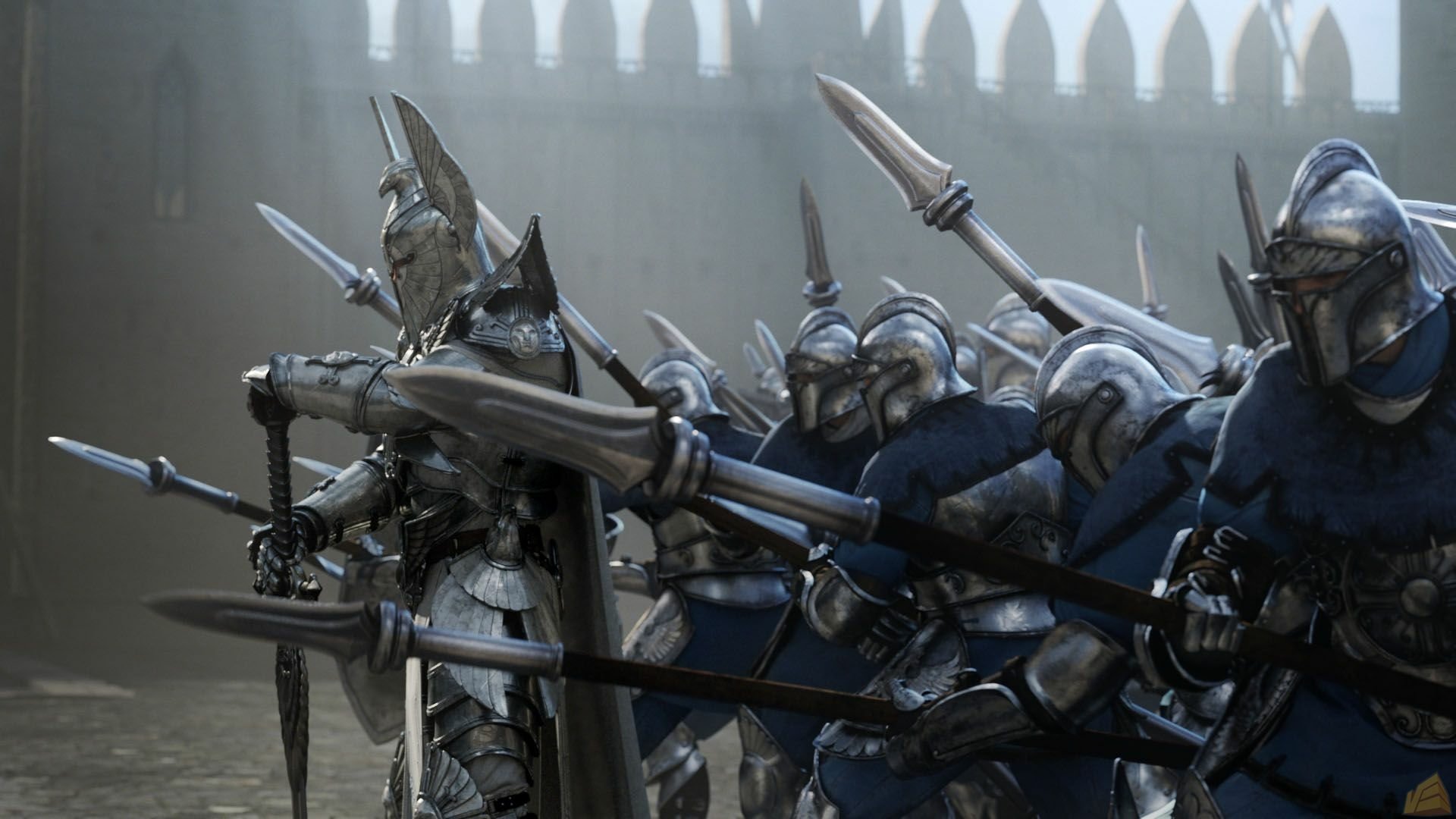 HD PC desktop wallpaper from the video game Heroes of Might and Magic VI featuring armored soldiers in formation with spears poised for battle.