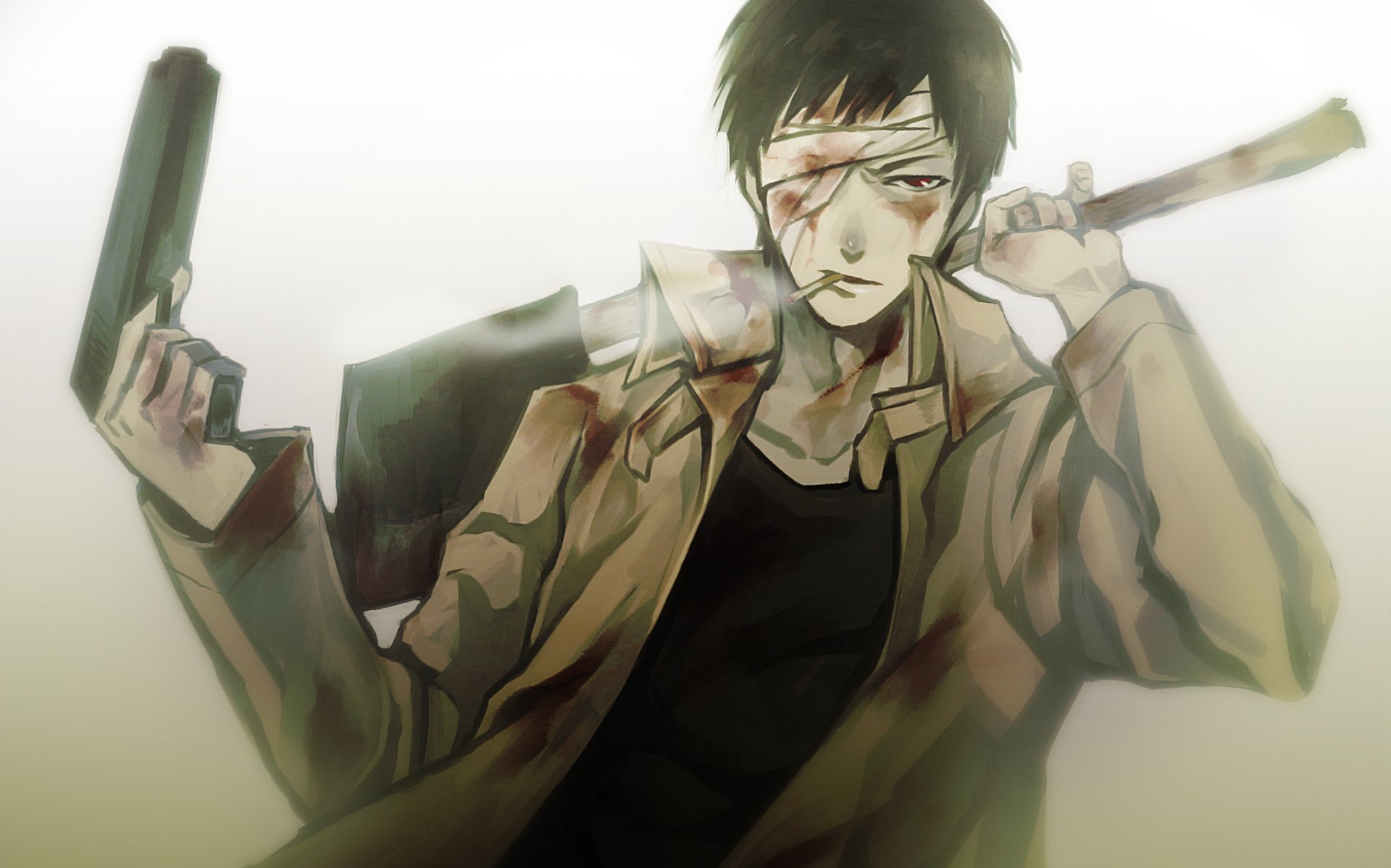 HD desktop wallpaper featuring Zombieman from One-Punch Man. He has black hair, red eyes, and a bandage on his face. Holding a pistol and an axe, he wears a coat and has a cigarette in his mouth.