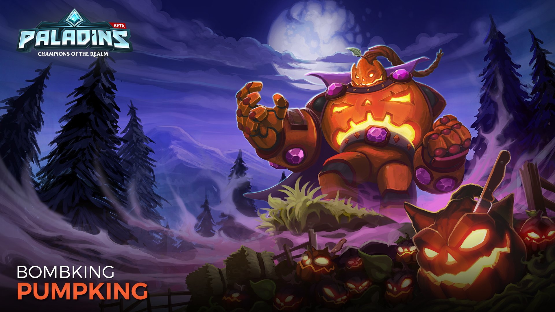 HD PC desktop wallpaper of Bomb King (Paladins), a pumpkin-themed explosive monarch looming over a moonlit forest with jack-o'-lanterns — video game background art.