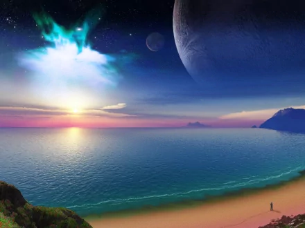 A dreamy world with a beach overlooking a serene ocean under a vibrant sunset. In the sky, a planet and the Sun create a fantastical HD desktop wallpaper. Nature and fantasy elements blend seamlessly.