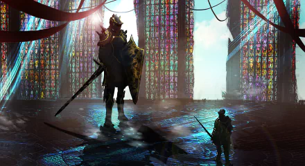 HD wallpaper featuring a giant armored knight holding a shield and sword, standing in a sunbeam-filled room with stained glass windows. Another warrior stands in the foreground, creating an epic fantasy scene.