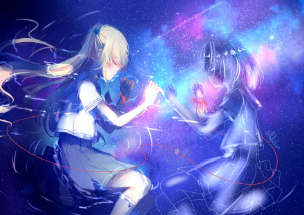 An HD anime-style wallpaper depicting a schoolgirl in uniform lying down, with a spirit-like reflection over water, surrounded by stars and cosmic light.