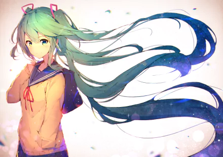 HD desktop wallpaper featuring Hatsune Miku with aqua hair in twintails, wearing a school uniform with a ribbon. She smiles with aqua eyes, a blush on her face, and her long hair flowing in the wind.