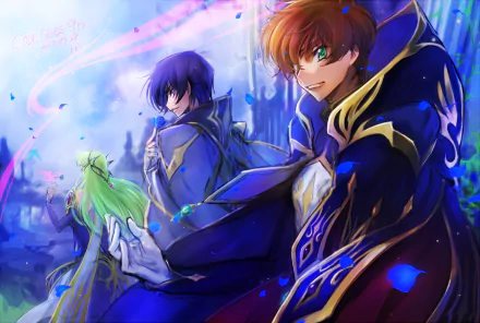 HD anime wallpaper featuring Suzaku Kururugi, Lelouch Lamperouge, and C.C. from Code Geass in vibrant colors and dynamic poses against a fantasy backdrop.