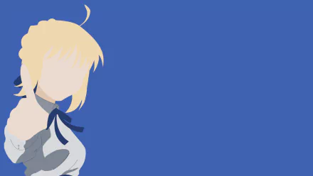 Minimalist HD desktop wallpaper featuring blonde, short-haired Saber from Fate/Zero in anime style against a solid blue background.