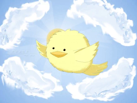 HD anime desktop wallpaper featuring a cute yellow bird character from Katekyō Hitman Reborn! flying against a bright blue sky with fluffy white clouds.