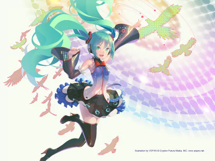 HD anime desktop wallpaper featuring Hatsune Miku from Vocaloid, showcasing her dynamic pose with flowing turquoise twin-tails and vibrant, colorful background elements.
