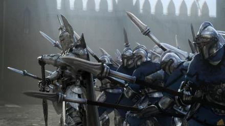 HD PC desktop wallpaper from the video game Heroes of Might and Magic VI featuring armored soldiers in formation with spears poised for battle.