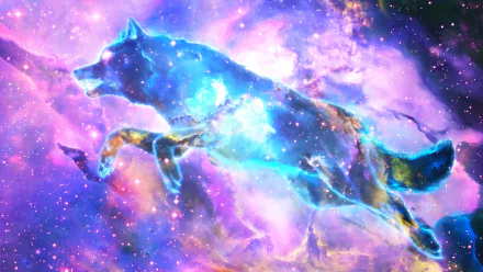 HD desktop wallpaper featuring a glowing, ethereal wolf-shaped nebula against a vibrant cosmic backdrop, blending elements of space, stars, and fantasy spirit.