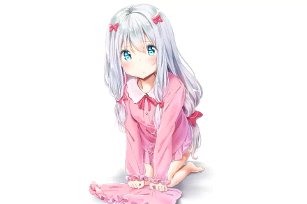 Sagiri Izumi from EroManga-Sensei in a detailed 4K Ultra HD anime desktop wallpaper, featuring her with silver hair and blue eyes in a pink outfit.