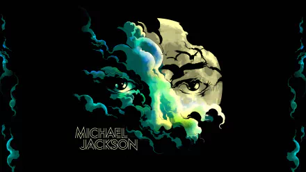 A vibrant HD desktop wallpaper featuring Michael Jackson's eyes framed by colorful clouds and a moon, embodying the essence of his music and artistic legacy.
