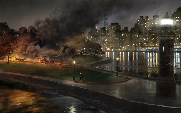 HD desktop wallpaper featuring a scene from Spider-Man: Homecoming. The image shows Spider-Man facing chaos in a city park after a crash, with Vulture's presence implied amidst the smoky, nighttime cityscape.
