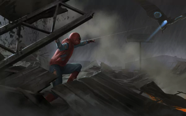 HD desktop wallpaper featuring Spider-Man in a battle scene from Spider-Man: Homecoming against Vulture (Marvel Comics), set in a foggy, rain-soaked environment with damaged structures.