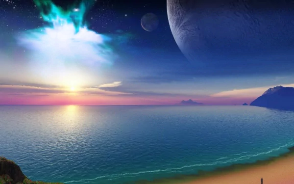 A dreamy world with a beach overlooking a serene ocean under a vibrant sunset. In the sky, a planet and the Sun create a fantastical HD desktop wallpaper. Nature and fantasy elements blend seamlessly.