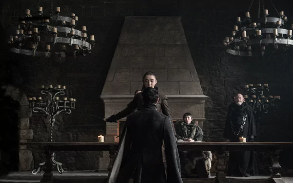 4K Ultra HD Game of Thrones TV show desktop wallpaper: dim Great Hall with three figures at a long table — a cloaked figure in foreground and two others beneath candlelit chandeliers.