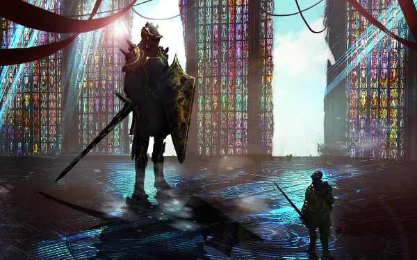 HD wallpaper featuring a giant armored knight holding a shield and sword, standing in a sunbeam-filled room with stained glass windows. Another warrior stands in the foreground, creating an epic fantasy scene.