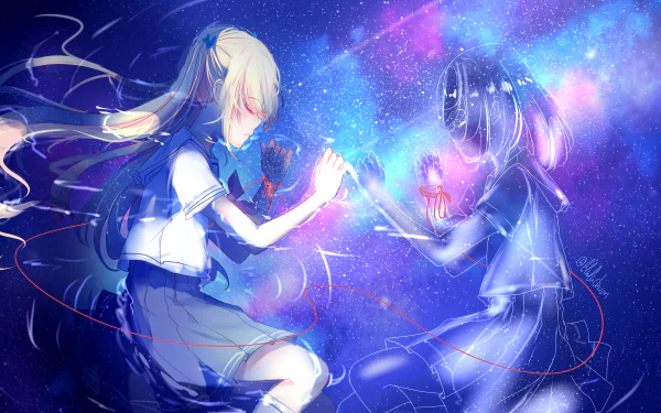 An HD anime-style wallpaper depicting a schoolgirl in uniform lying down, with a spirit-like reflection over water, surrounded by stars and cosmic light.
