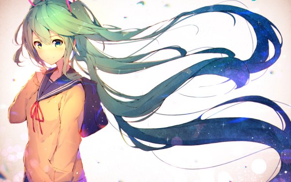 Anime Vocaloid Hatsune Miku Long Hair Twintails Aqua Hair Aqua Eyes Blush Smile School Uniform Ribbon Skirt HD Wallpaper | Background Image