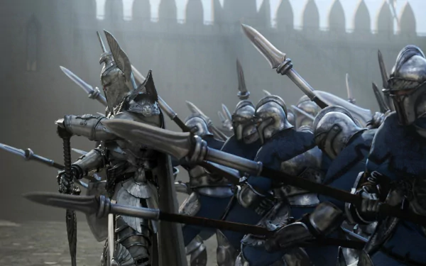 HD PC desktop wallpaper from the video game Heroes of Might and Magic VI featuring armored soldiers in formation with spears poised for battle.