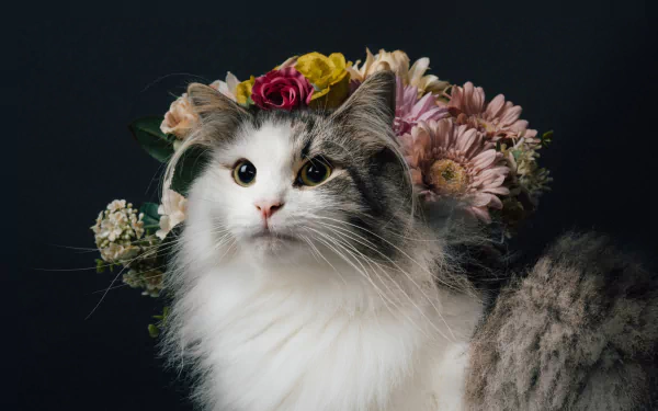 HD desktop wallpaper featuring a Norwegian Forest Cat with a floral crown against a dark background, highlighting its fluffy fur and striking eyes.