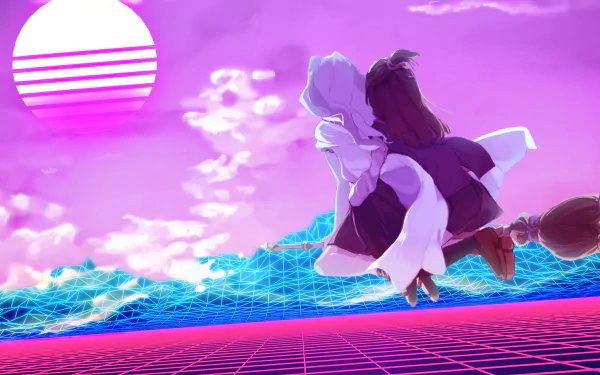 Anime-style HD wallpaper featuring a white-haired witch with long hair flying on a broom over a neon grid ocean at sunset, inspired by Little Witch Academia.