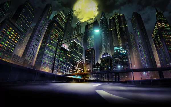 HD anime cityscape from Garo: Vanishing Line shows illuminated skyscrapers under a bright full moon, creating a dramatic nighttime urban atmosphere for PC desktop wallpaper.