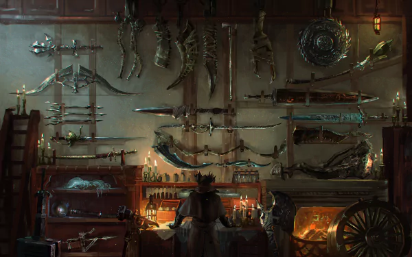 HD wallpaper of a Bloodborne-themed room filled with swords, bows, and various other weapons, with a character preparing at a bench in the center.