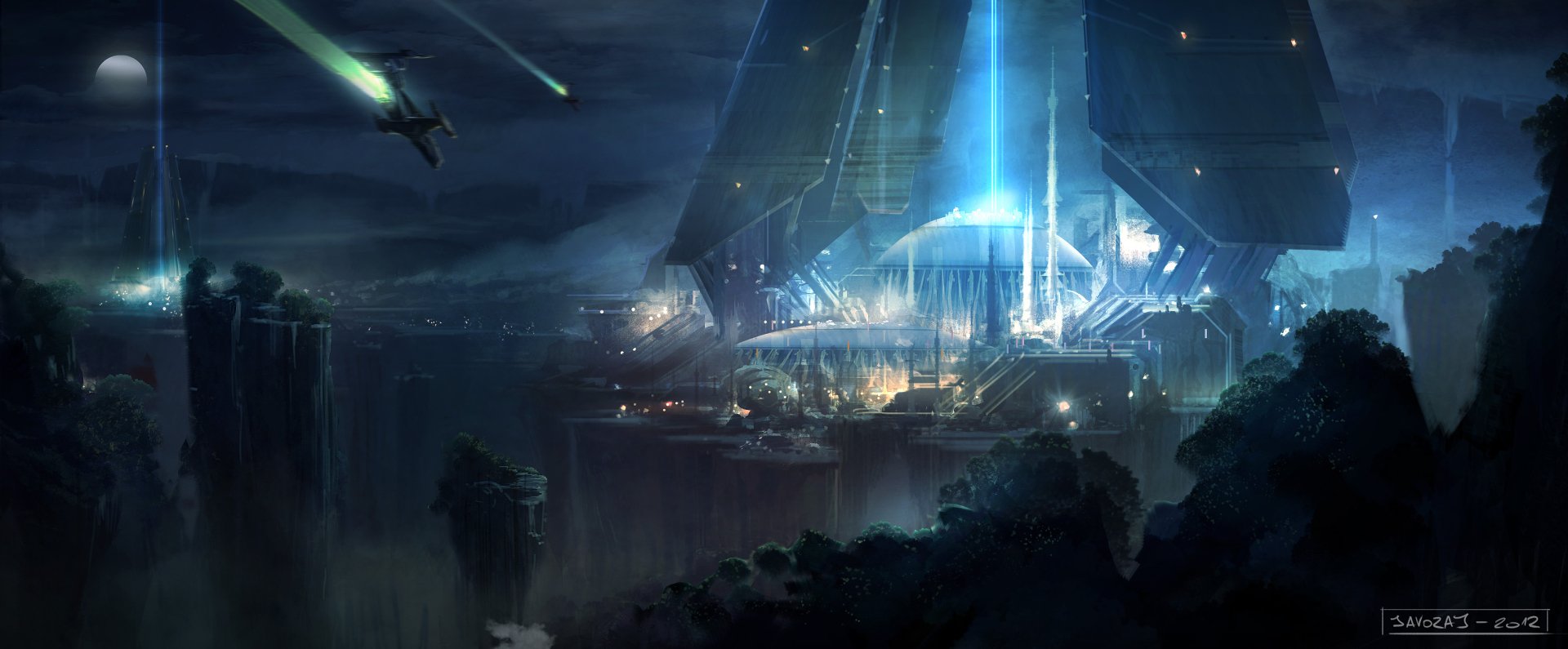 Futuristic sci-fi city at night with towering buildings and a bright beam of light, featuring flying vehicles illuminating the dark skyline in this HD PC desktop wallpaper.