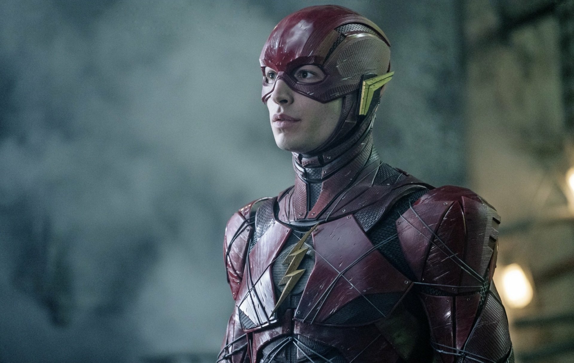 HD desktop wallpaper featuring Ezra Miller as the Flash from DC Comics' Justice League (2017) movie, showcasing the iconic superhero in his detailed red suit.