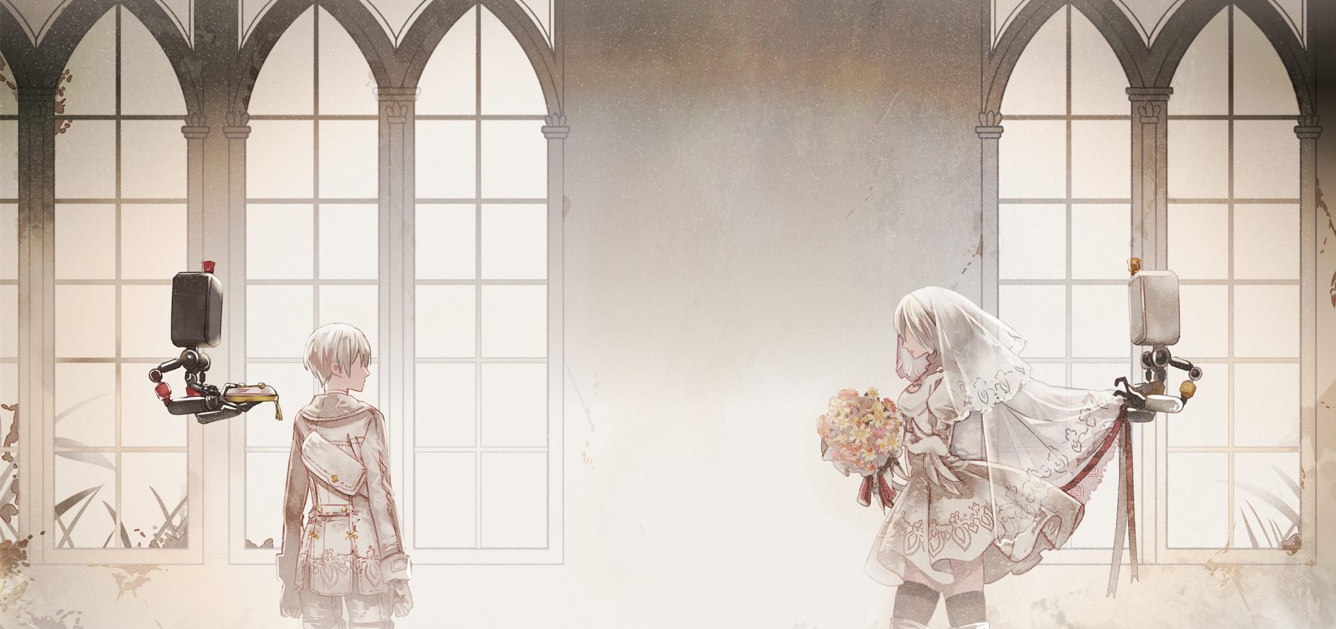 An HD desktop wallpaper featuring YoRHa No.9 Type S and YoRHa No.2 Type B from NieR: Automata. They are depicted with white short hair, wearing dresses and thigh highs, standing in a cathedral-like setting.