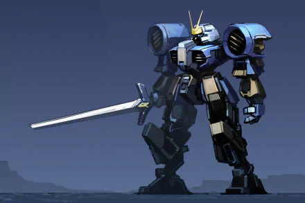 Blue sci‑fi robot mech wielding a long sword, standing against a dusky horizon — 2K Quad HD PC desktop wallpaper.