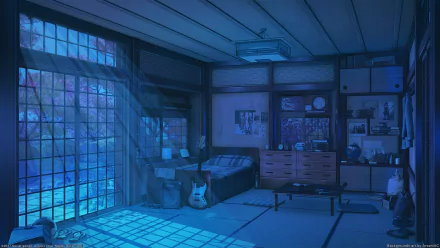 A serene anime bedroom with a cozy bed, a guitar, and soft light streaming through shoji doors. This HD desktop wallpaper exudes tranquility, showcasing an original hand-drawn anime scene.