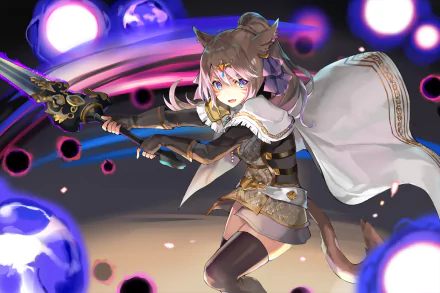 HD PC desktop wallpaper featuring a dynamic Miqo'te warrior from Final Fantasy XIV, wielding a spear amid vibrant, glowing orbs in a fantasy video game setting.