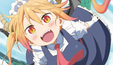HD wallpaper of Tohru from Miss Kobayashi's Dragon Maid anime, featuring her in a maid outfit with a joyful expression.