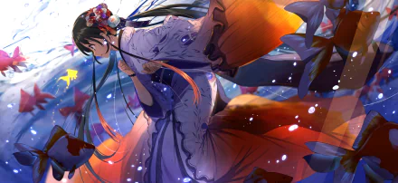 Anime HD wallpaper featuring an original underwater scene with colorful fish and a character in traditional attire with flowing hair and intricate details.
