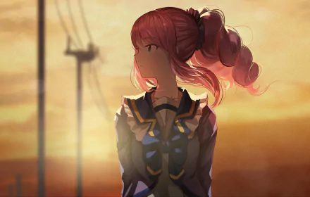 A vibrant HD wallpaper featuring Laura Sakuraba from Aikatsu!, standing against a sunset backdrop, capturing a moment of contemplation and beauty.