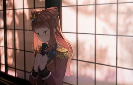 Ako Saotome from the anime Aikatsu! is depicted in a softly lit scene with shadows cast on a traditional Japanese window, featured as an HD PC desktop wallpaper background.