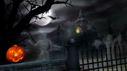 A spooky Halloween-themed wallpaper featuring a haunted house under a full moon, a carved pumpkin, and eerie fog, creating a chilling atmosphere for the holiday season.
