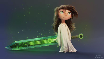 A little girl with brown hair and green eyes holds a glowing sword in a fantasy setting, captured in a high-definition PC desktop wallpaper.