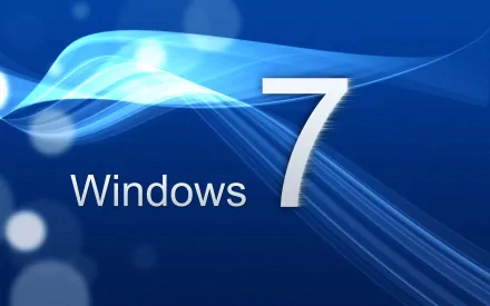 HD desktop wallpaper featuring a motion blur wave design with the Microsoft Windows 7 logo, showcasing technology and sleek digital aesthetics.