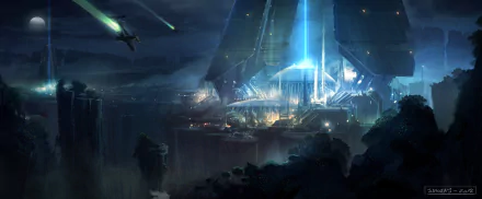 Futuristic sci-fi city at night with towering buildings and a bright beam of light, featuring flying vehicles illuminating the dark skyline in this HD PC desktop wallpaper.